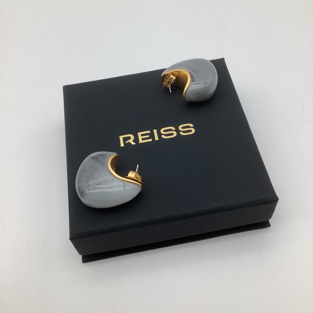 Reiss Carlotta Curve Scoop Earrings Grey Gold Marble Resin Hypoallergenic NEW